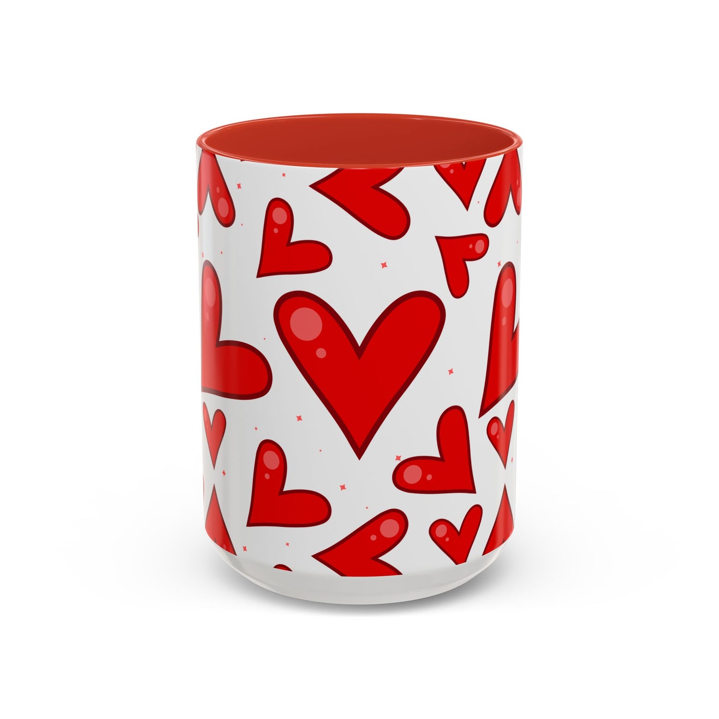 Red Hearts Accent Mug, Coffee Cup with Big Red Hearts, White Background, Red Handle and Inside, Valentine's Day Gift, Love Mug, Romantic