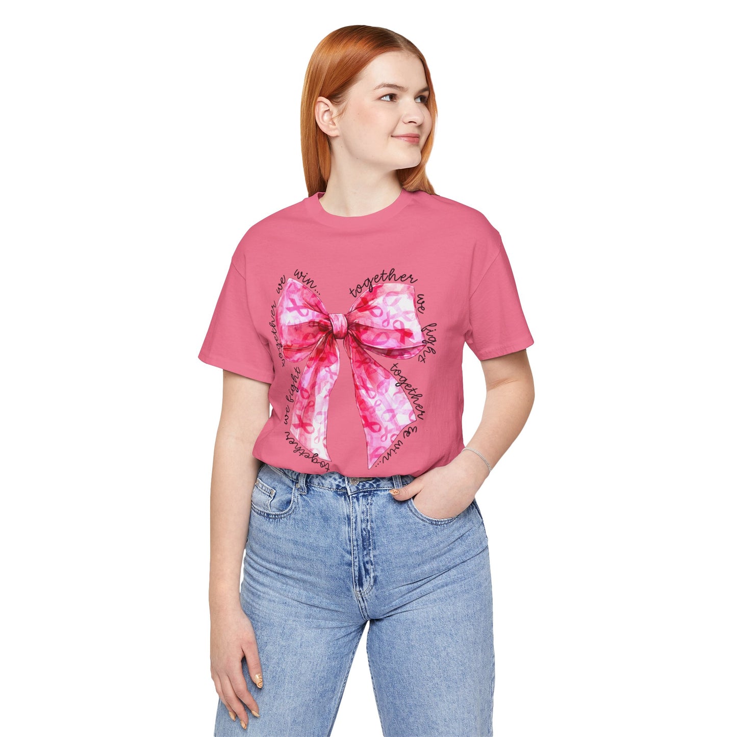 Pink Cancer Coquette Bow Tee, Breast Cancer Awareness Ribbon Shirt, Unisex Jersey Short Sleeve Top, Pink Ribbon T-shirt, Express Delivery available