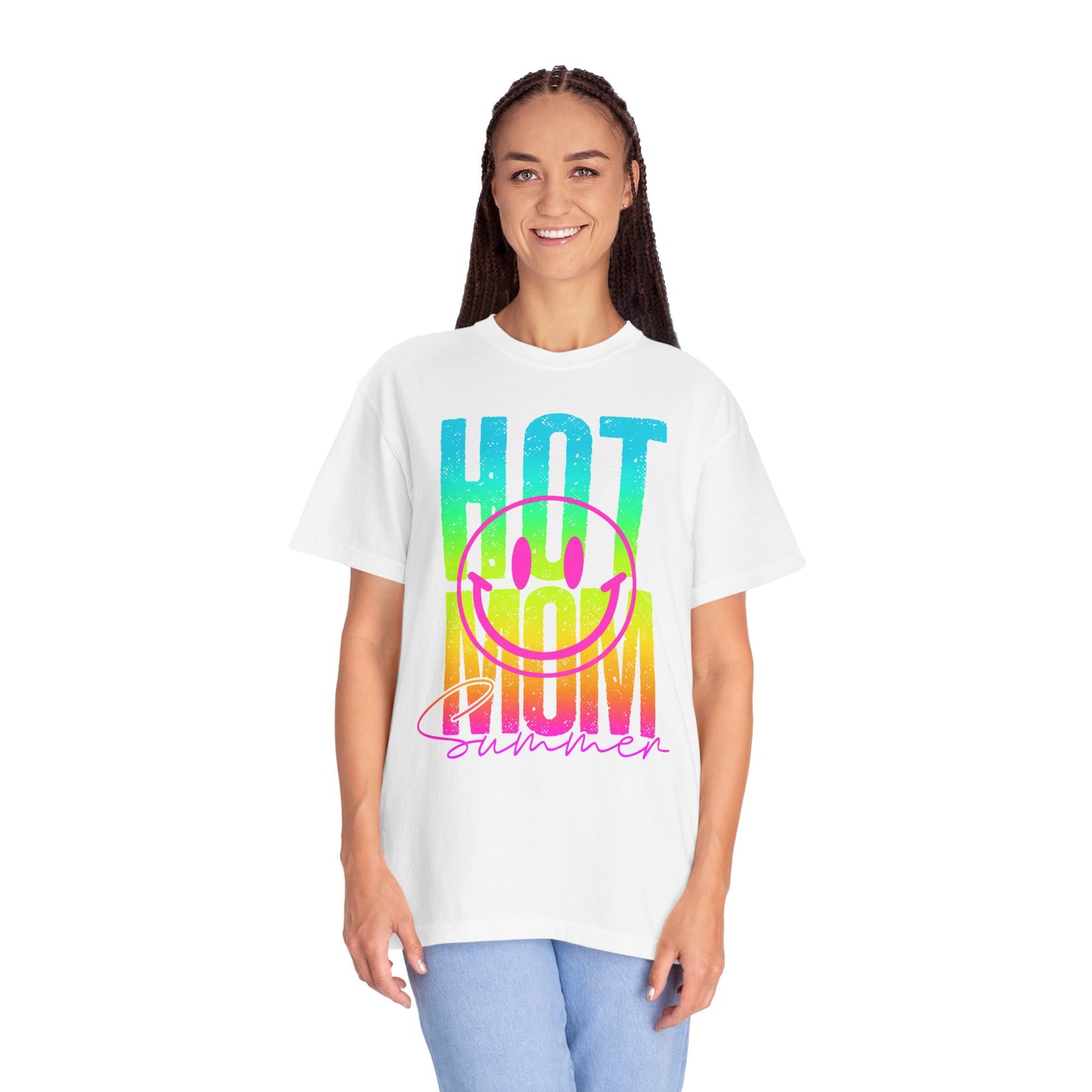Neon Hot Mom Summer Unisex T-shirt, Neon Smile Face Shirt, Trendy Summer Tee, Cute Smiley Face Top, Casual Summer Apparel