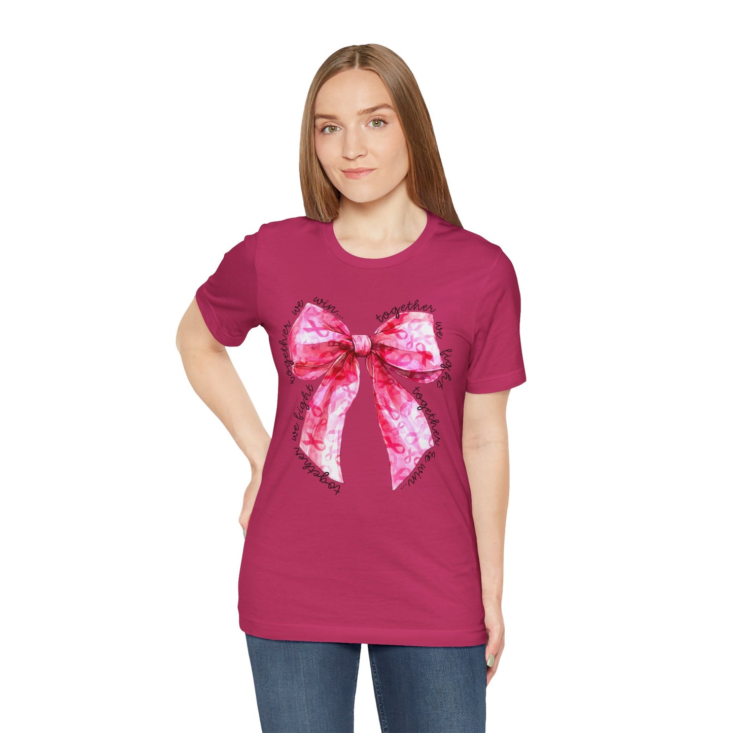 Pink Cancer Coquette Bow Tee, Breast Cancer Awareness Ribbon Shirt, Unisex Jersey Short Sleeve Top, Pink Ribbon T-shirt, Express Delivery available