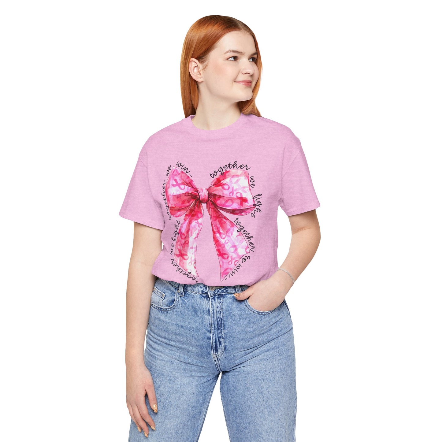 Pink Cancer Coquette Bow Tee, Breast Cancer Awareness Ribbon Shirt, Unisex Jersey Short Sleeve Top, Pink Ribbon T-shirt, Express Delivery available