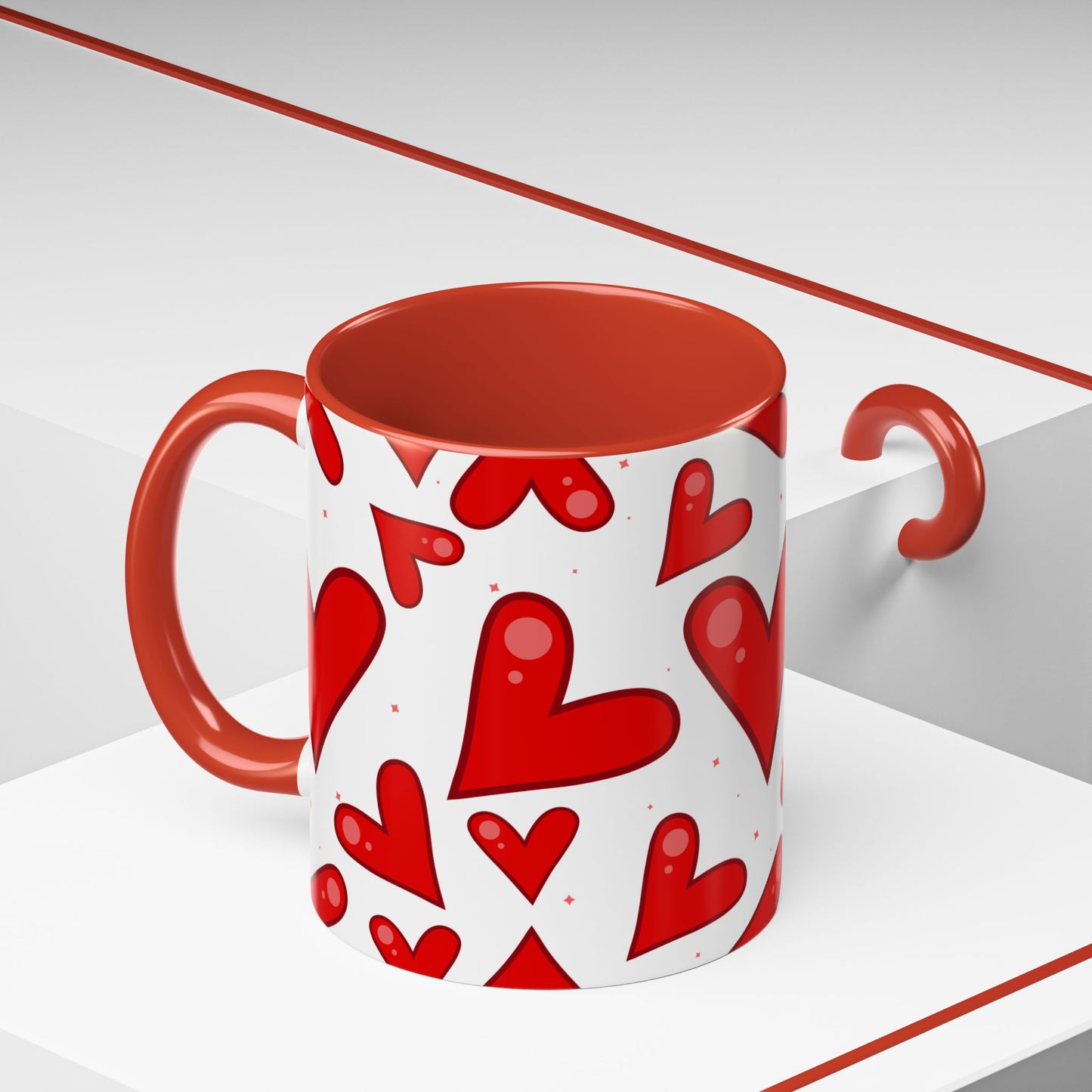 Red Hearts Accent Mug, Coffee Cup with Big Red Hearts, White Background, Red Handle and Inside, Valentine's Day Gift, Love Mug, Romantic