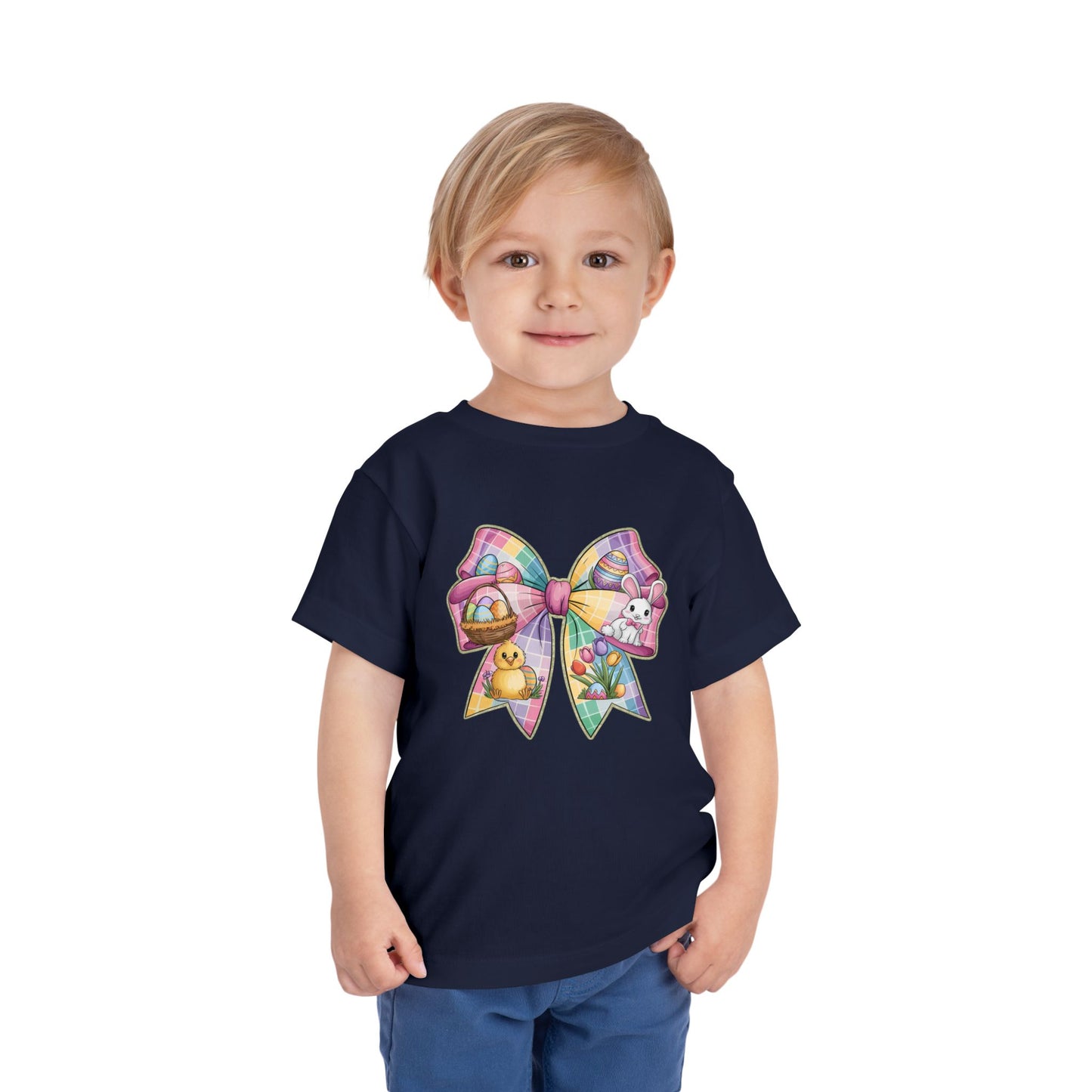Easter Bunny Toddler Tee - Festive Short Sleeve Shirt with Colorful Bow Design