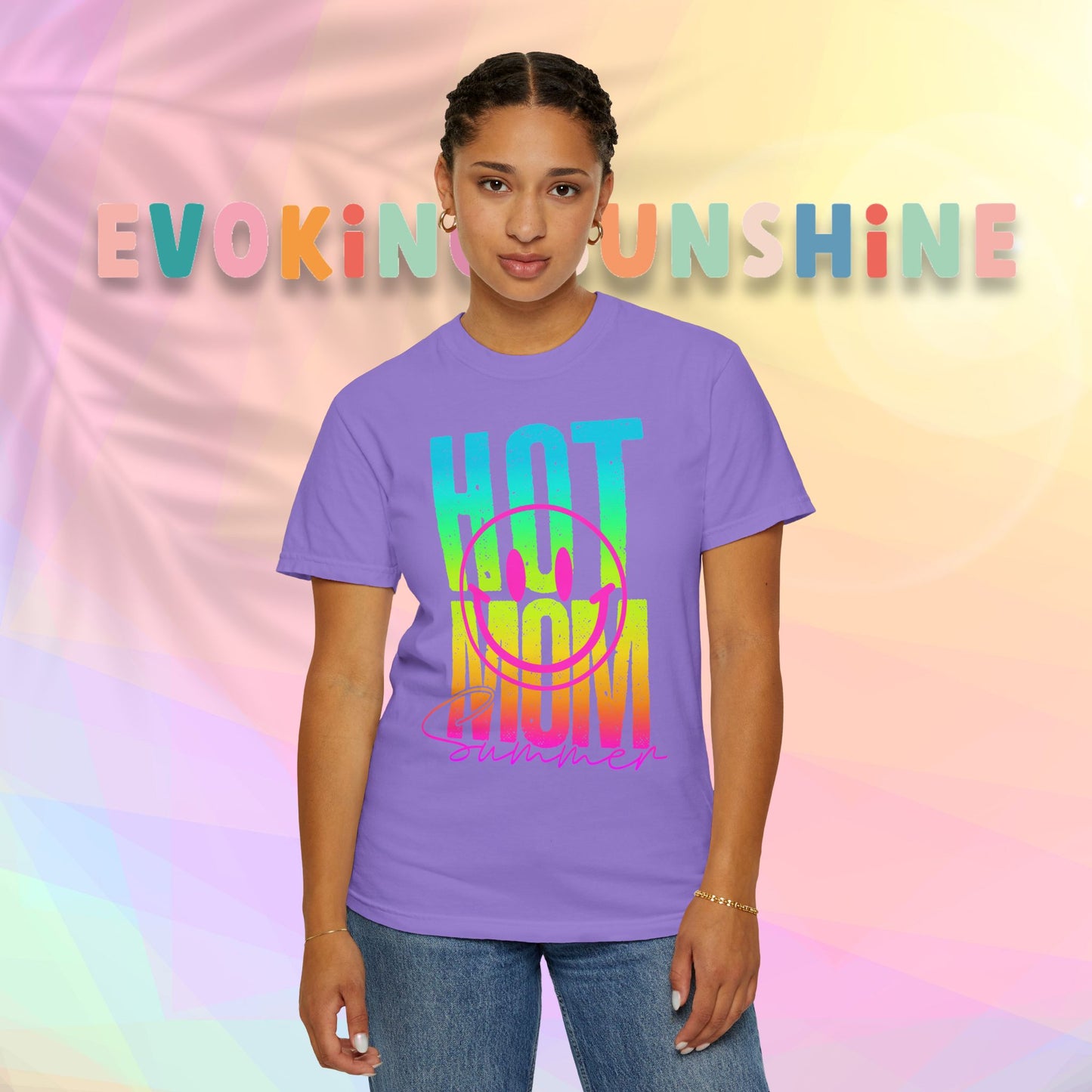 Neon Hot Mom Summer Unisex T-shirt, Neon Smile Face Shirt, Trendy Summer Tee, Cute Smiley Face Top, Casual Summer Apparel