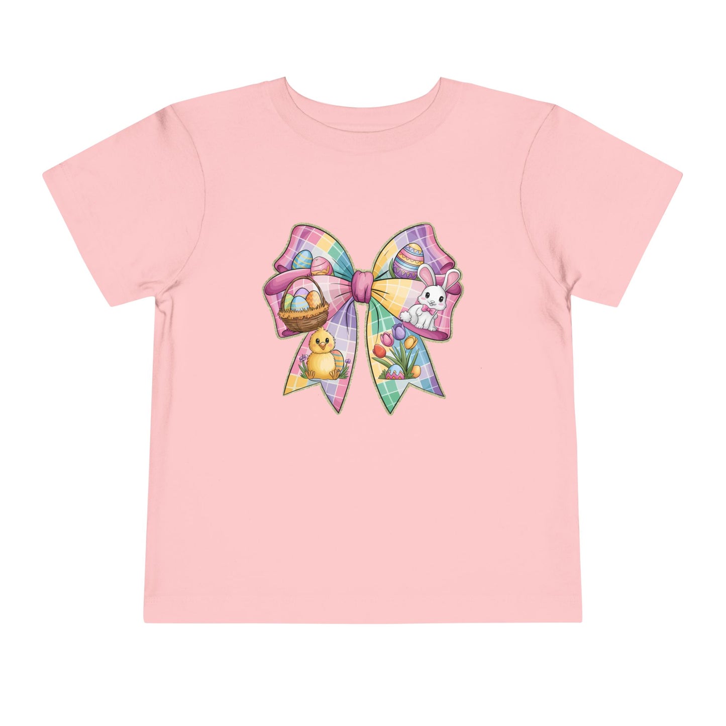 Easter Bunny Toddler Tee - Festive Short Sleeve Shirt with Colorful Bow Design