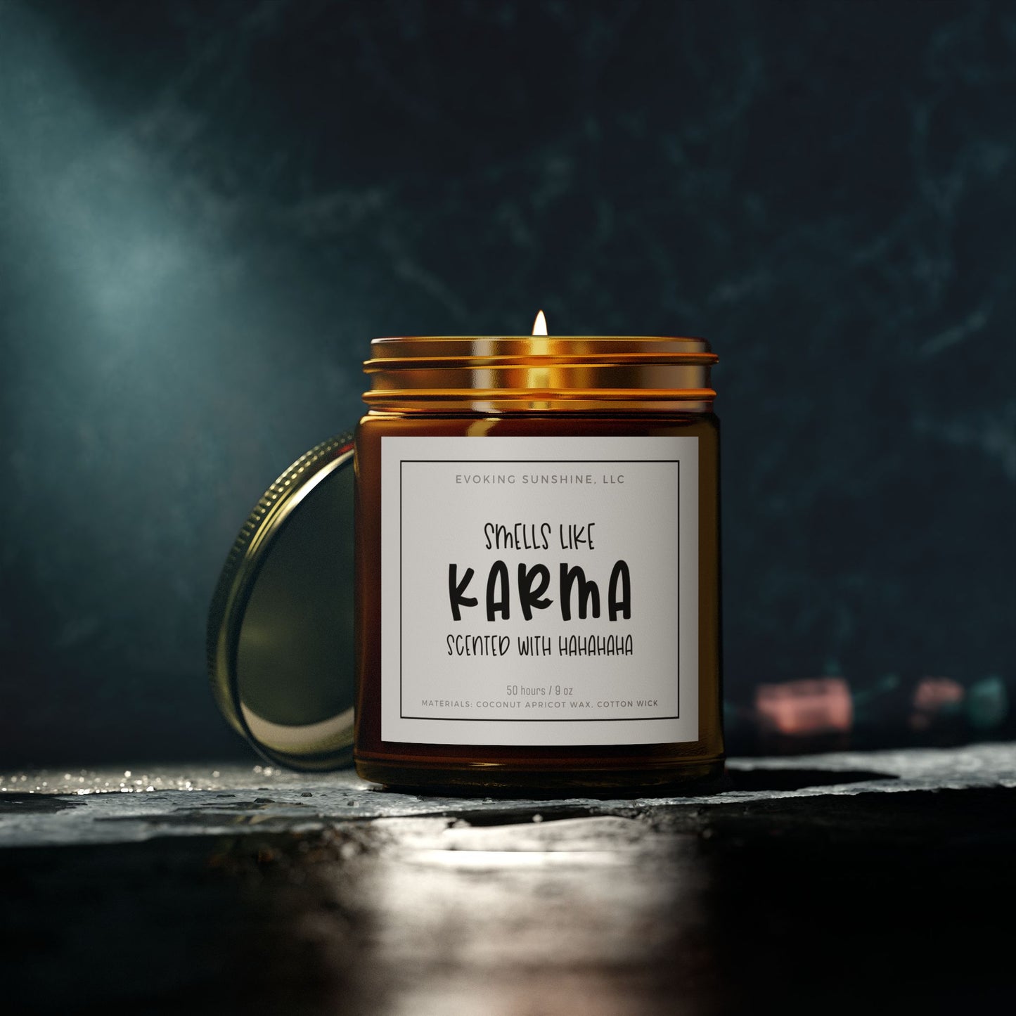 9 oz Scented Candle, 'Smells Like Karma, Scented with Hahahahaha', Hand-Poured in the USA, 9 Scents, Coconut Apricot Wax