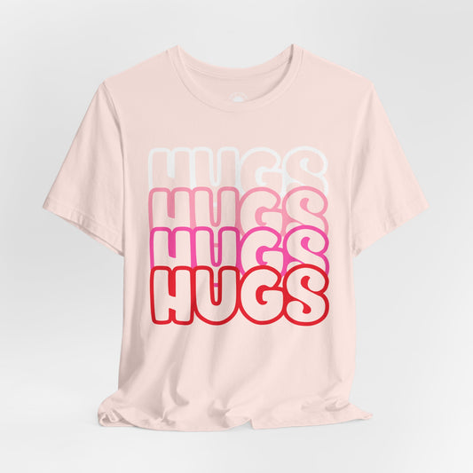 Hugs Repeat Tee, Red Pink Bold Outline Font T-Shirt, Heart Pattern Shirt, Valentine's Day Graphic Top, Unisex Jersey Short Sleeve Tee