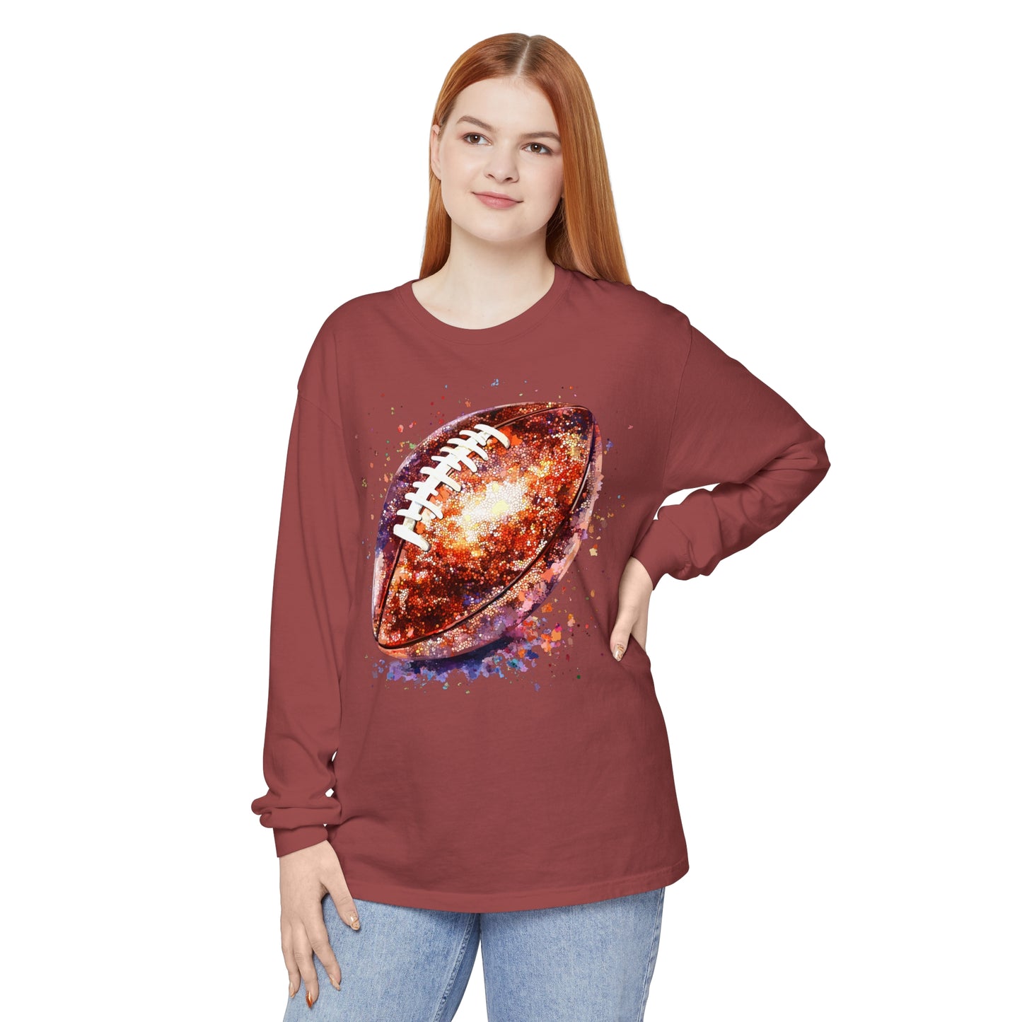Glitter Football Long Sleeve T-Shirt, Comfort Colors Shirt, Sparkly Sports Fan Apparel, Unisex Tee, Fall Game Day Outfit