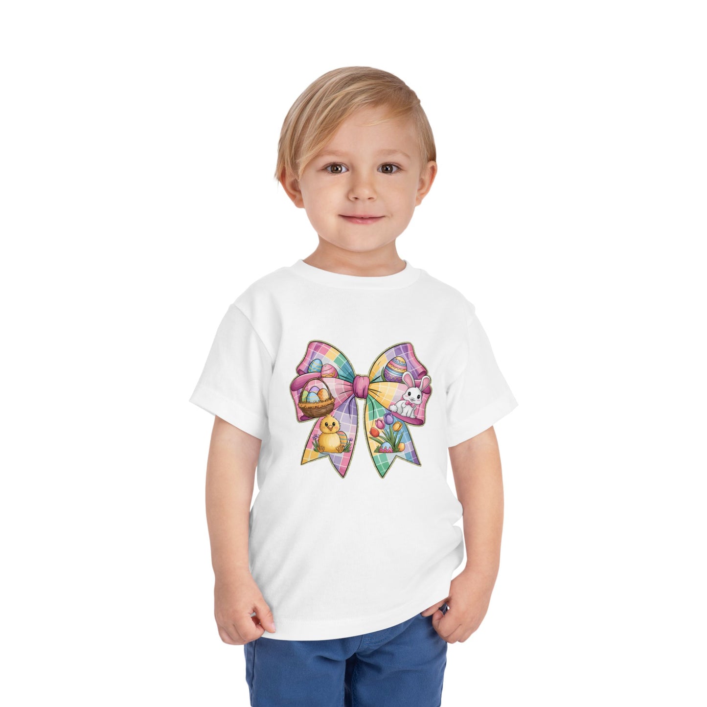 Easter Bunny Toddler Tee - Festive Short Sleeve Shirt with Colorful Bow Design