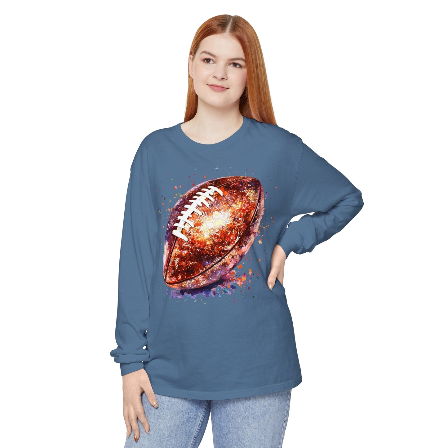 Glitter Football Long Sleeve T-Shirt, Comfort Colors Shirt, Sparkly Sports Fan Apparel, Unisex Tee, Fall Game Day Outfit