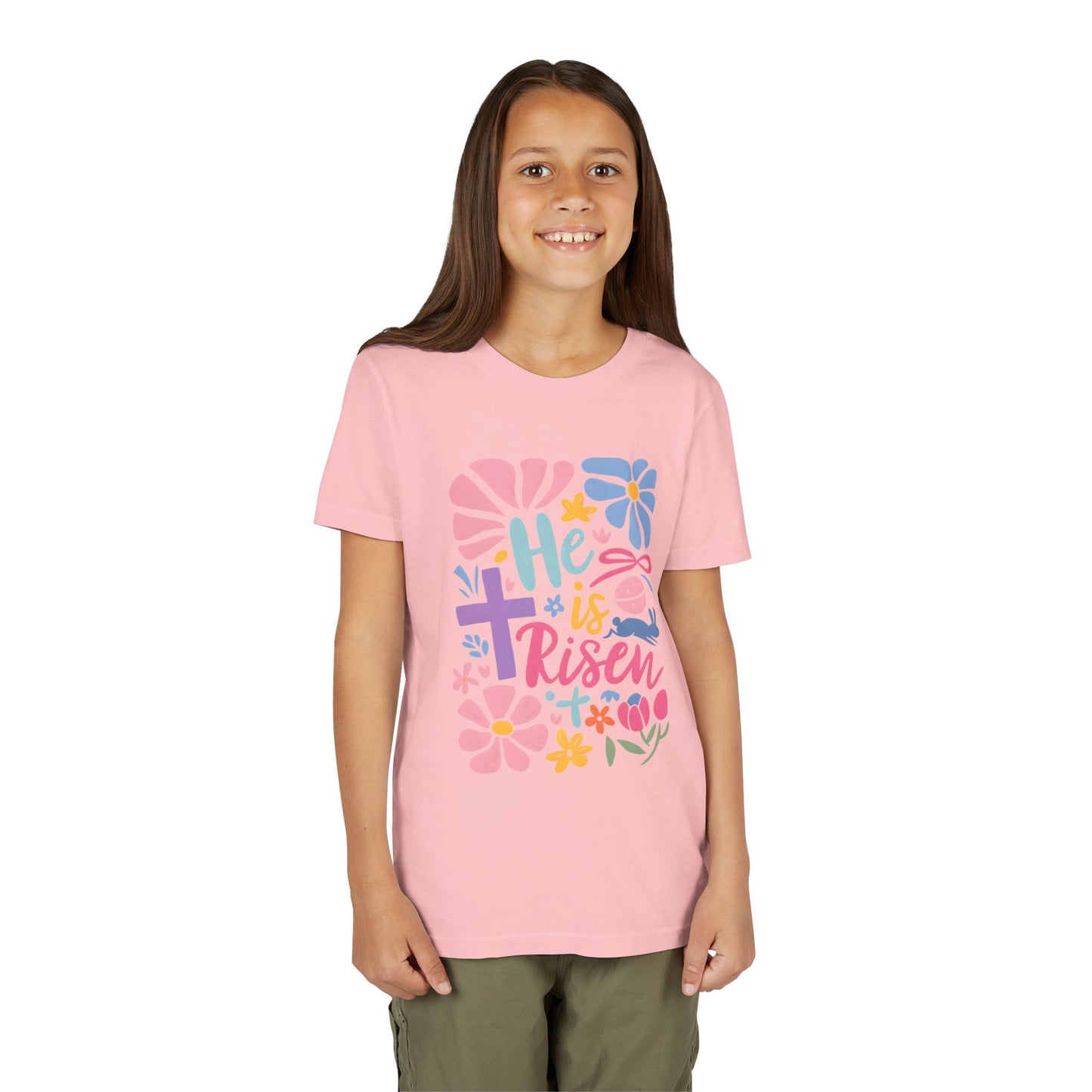 Youth Short Sleeve Tee - "He is Risen" Floral Design