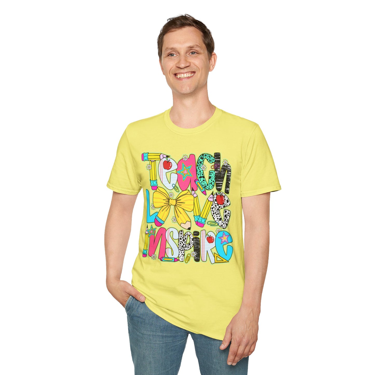Colorful Teacher T-Shirt, Teach Love Inspire Shirt, Gift for Educators, Back to School Apparel, Inspirational Tops