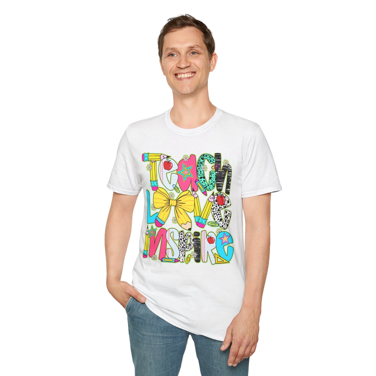 Colorful Teacher T-Shirt, Teach Love Inspire Shirt, Gift for Educators, Back to School Apparel, Inspirational Tops
