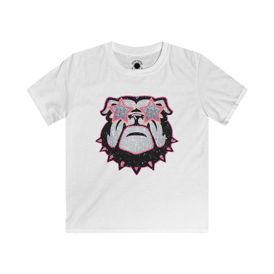 Bulldog Fan Kids Softstyle Tee, UGA Youth T-Shirt, Glitter Bulldog Shirt, Pink Sunglasses, Cute Bulldog Shirt, Bulldog Lover Gift, UGA Fan