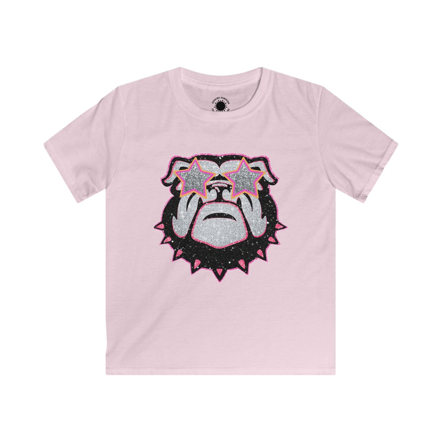 Bulldog Fan Kids Softstyle Tee, UGA Youth T-Shirt, Glitter Bulldog Shirt, Pink Sunglasses, Cute Bulldog Shirt, Bulldog Lover Gift, UGA Fan