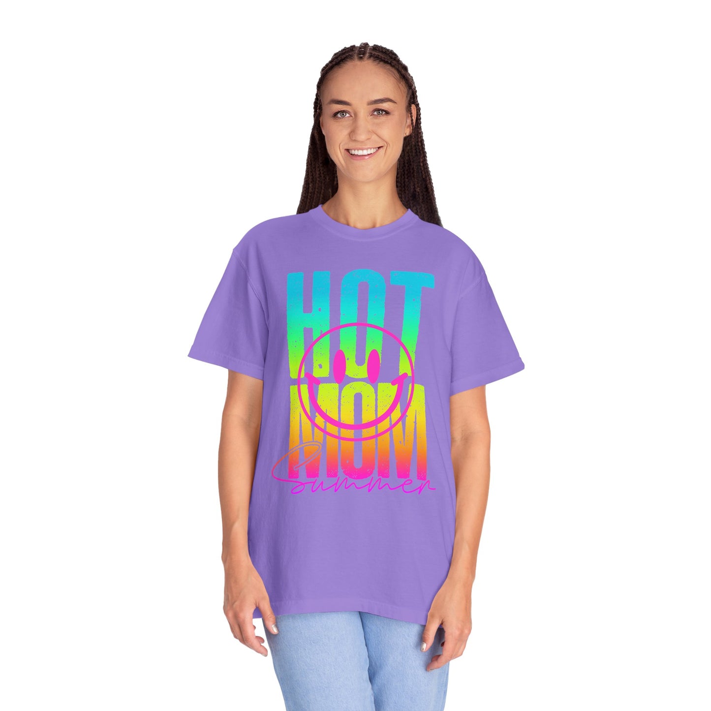 Neon Hot Mom Summer Unisex T-shirt, Neon Smile Face Shirt, Trendy Summer Tee, Cute Smiley Face Top, Casual Summer Apparel