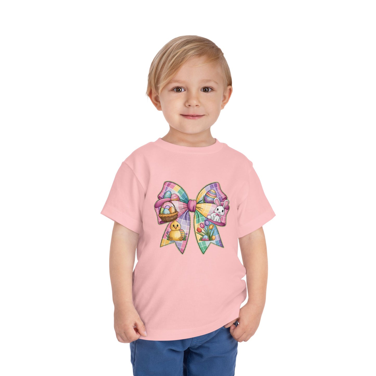 Easter Bunny Toddler Tee - Festive Short Sleeve Shirt with Colorful Bow Design