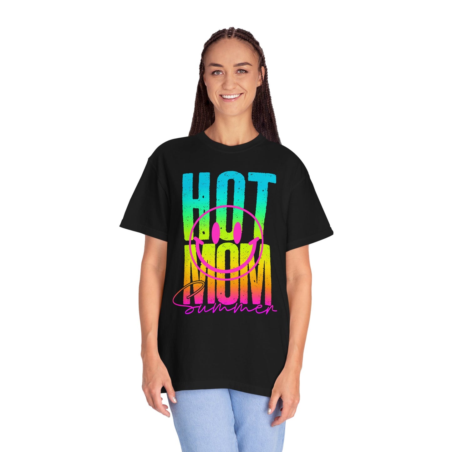 Neon Hot Mom Summer Unisex T-shirt, Neon Smile Face Shirt, Trendy Summer Tee, Cute Smiley Face Top, Casual Summer Apparel