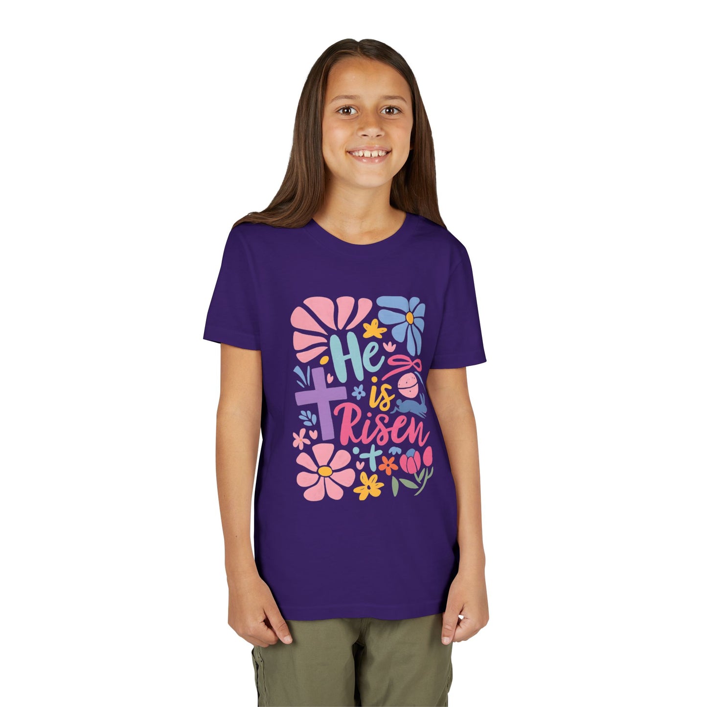 Youth Short Sleeve Tee - "He is Risen" Floral Design