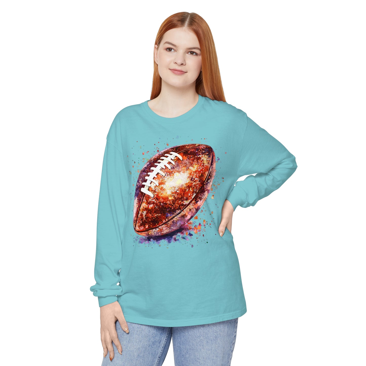 Glitter Football Long Sleeve T-Shirt, Comfort Colors Shirt, Sparkly Sports Fan Apparel, Unisex Tee, Fall Game Day Outfit