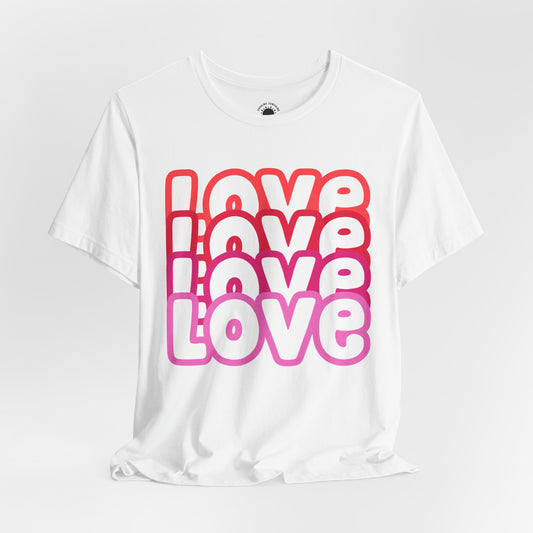 Love Repeat Tee, Red Pink Bold Outline Font T-Shirt, Heart Pattern Shirt, Valentine's Day Graphic Top, Unisex Jersey Short Sleeve Tee