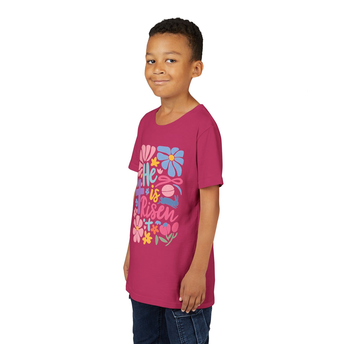 Youth Short Sleeve Tee - "He is Risen" Floral Design