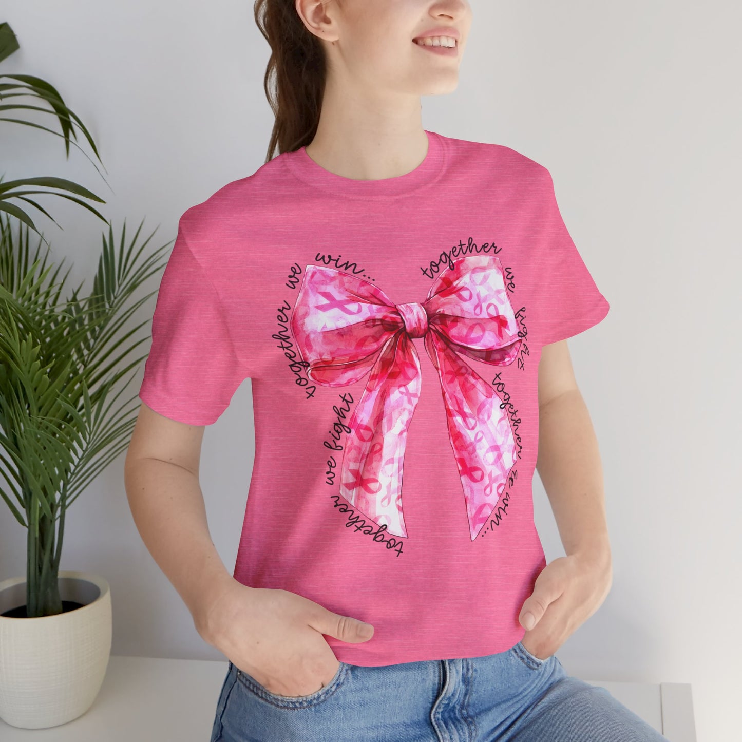 Pink Cancer Coquette Bow Tee, Breast Cancer Awareness Ribbon Shirt, Unisex Jersey Short Sleeve Top, Pink Ribbon T-shirt, Express Delivery available