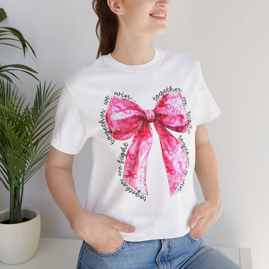 Pink Cancer Coquette Bow Tee, Breast Cancer Awareness Ribbon Shirt, Unisex Jersey Short Sleeve Top, Pink Ribbon T-shirt, Express Delivery available