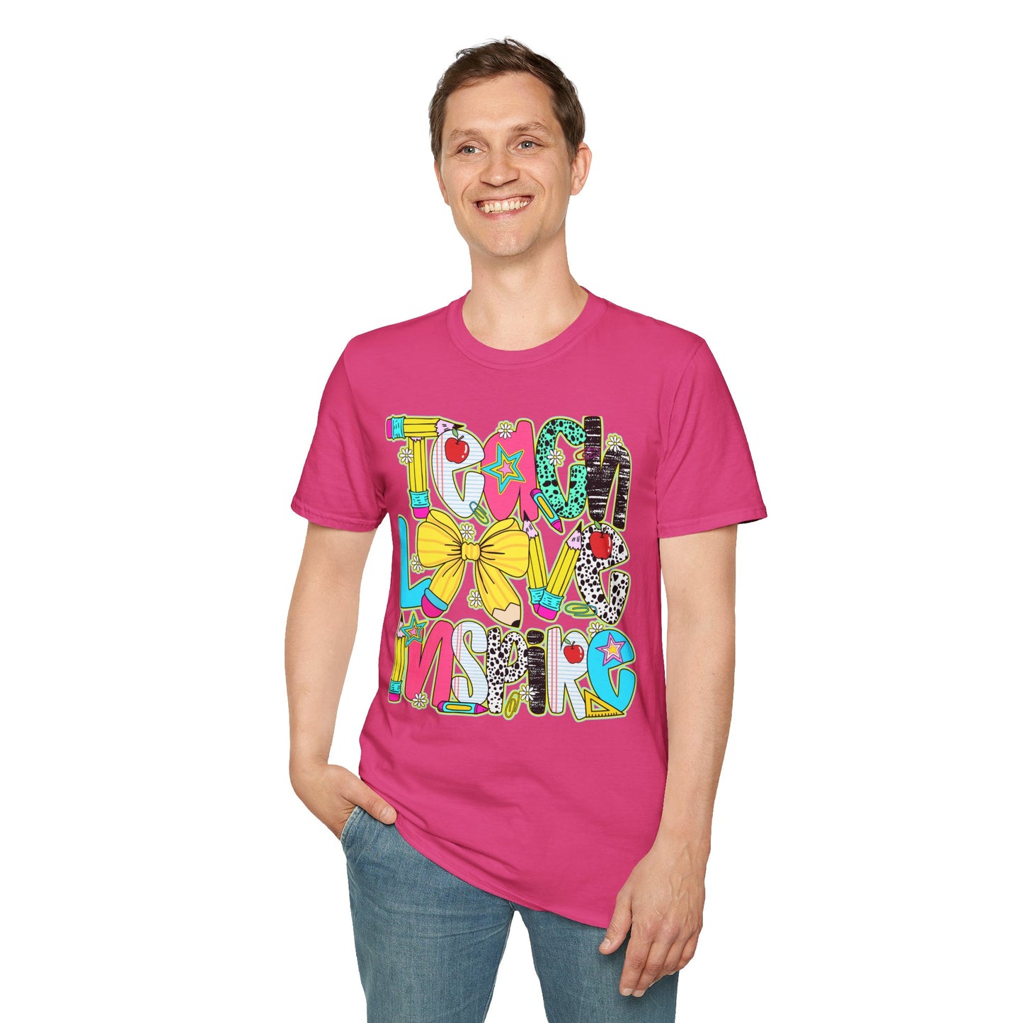Colorful Teacher T-Shirt, Teach Love Inspire Shirt, Gift for Educators, Back to School Apparel, Inspirational Tops