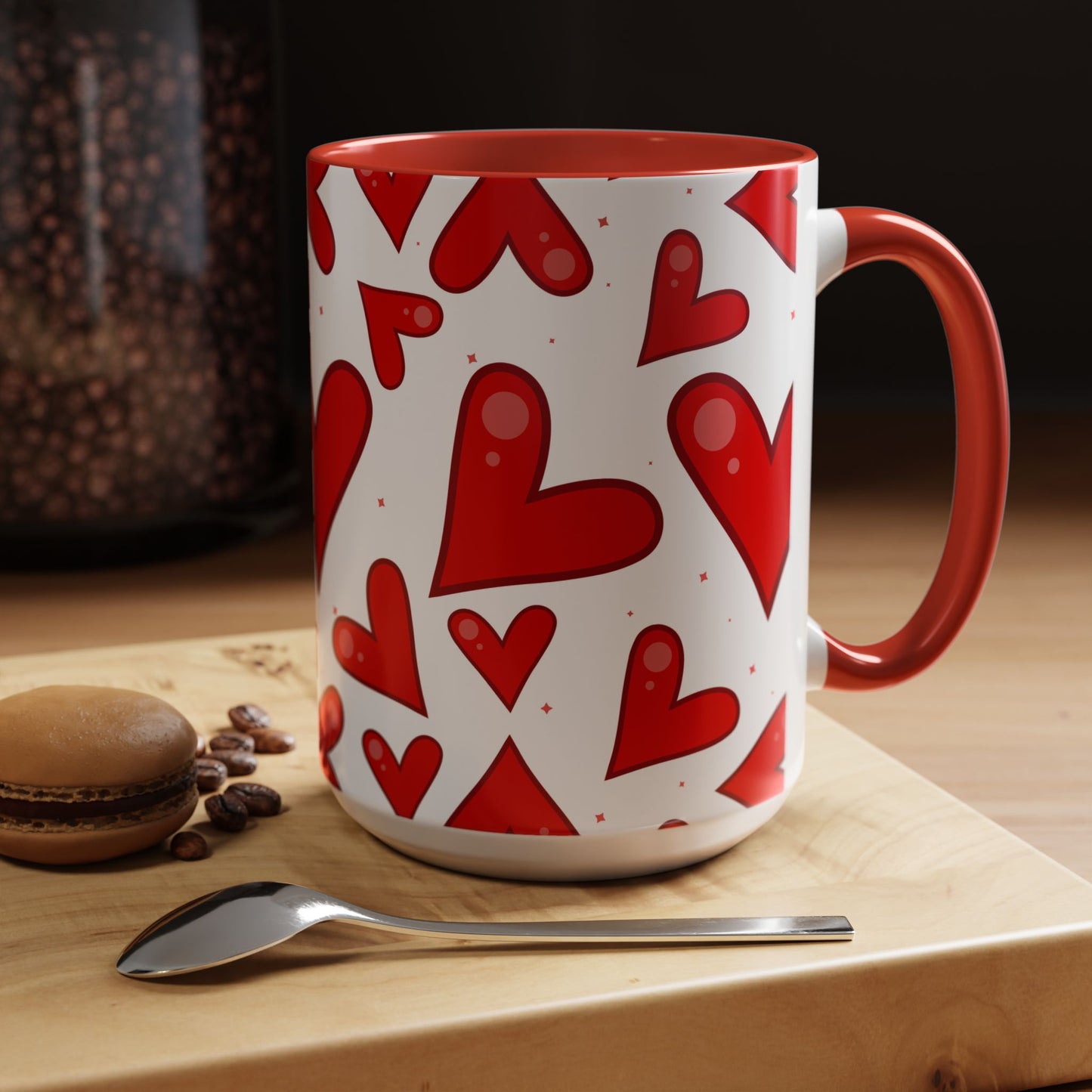 Red Hearts Accent Mug, Coffee Cup with Big Red Hearts, White Background, Red Handle and Inside, Valentine's Day Gift, Love Mug, Romantic