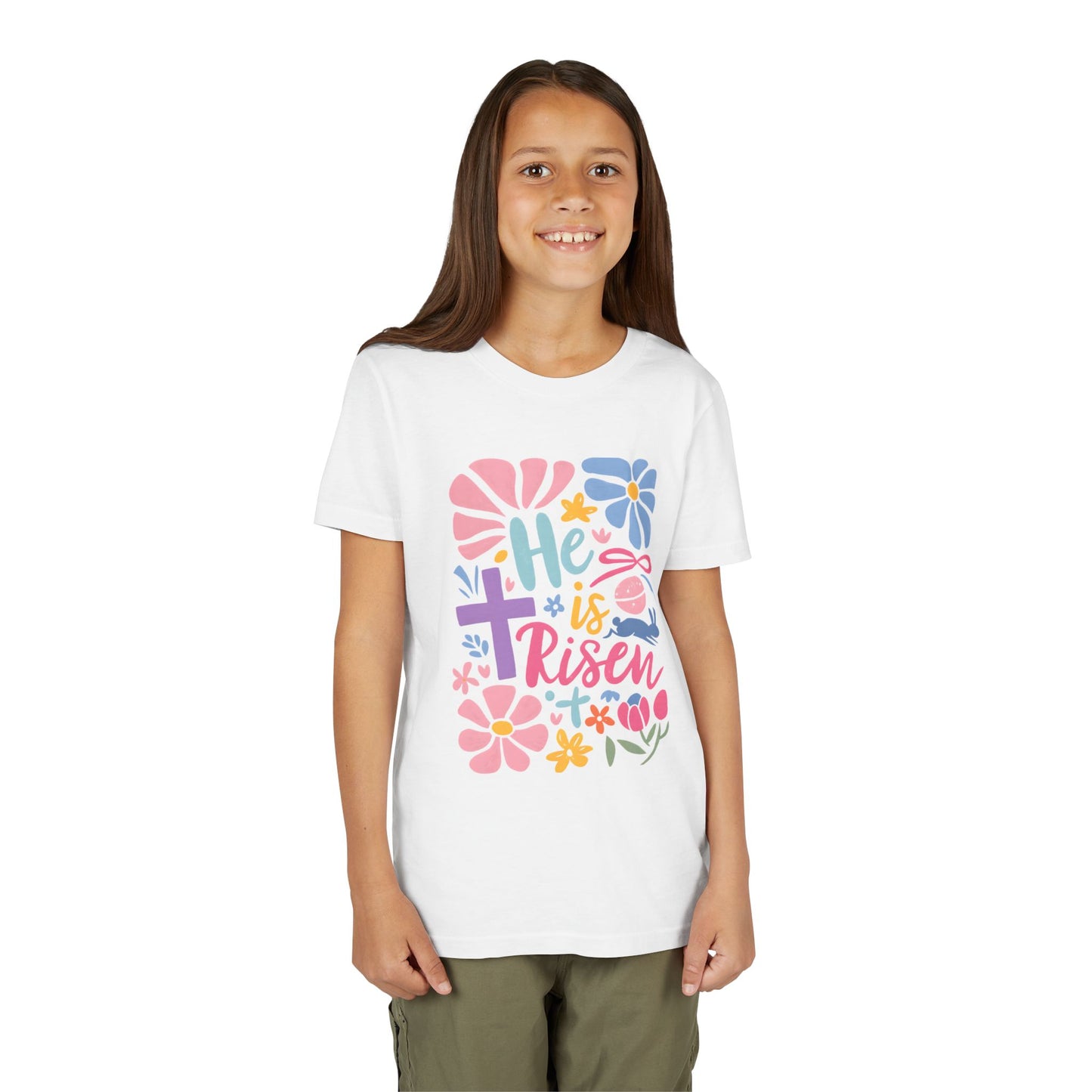Youth Short Sleeve Tee - "He is Risen" Floral Design