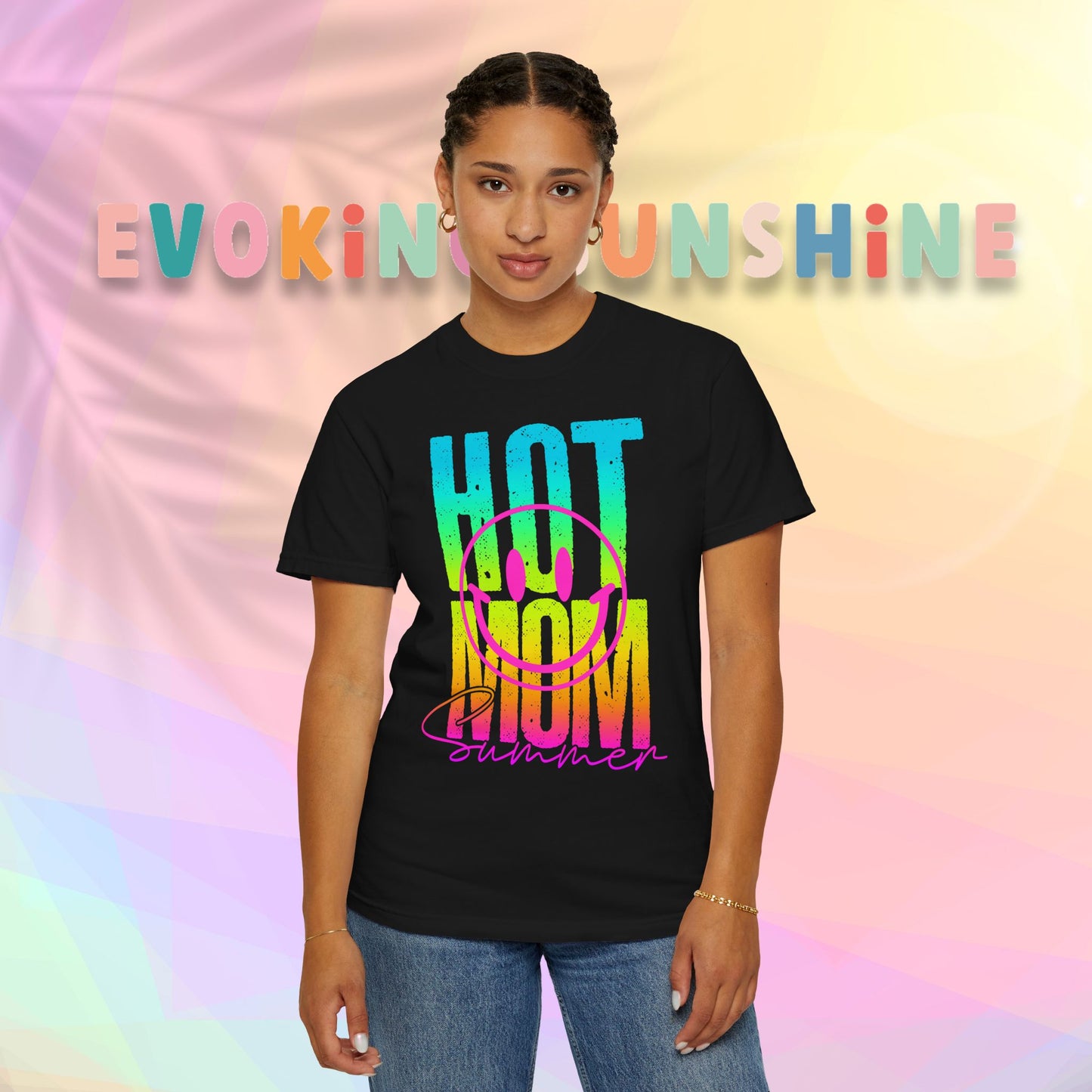 Neon Hot Mom Summer Unisex T-shirt, Neon Smile Face Shirt, Trendy Summer Tee, Cute Smiley Face Top, Casual Summer Apparel