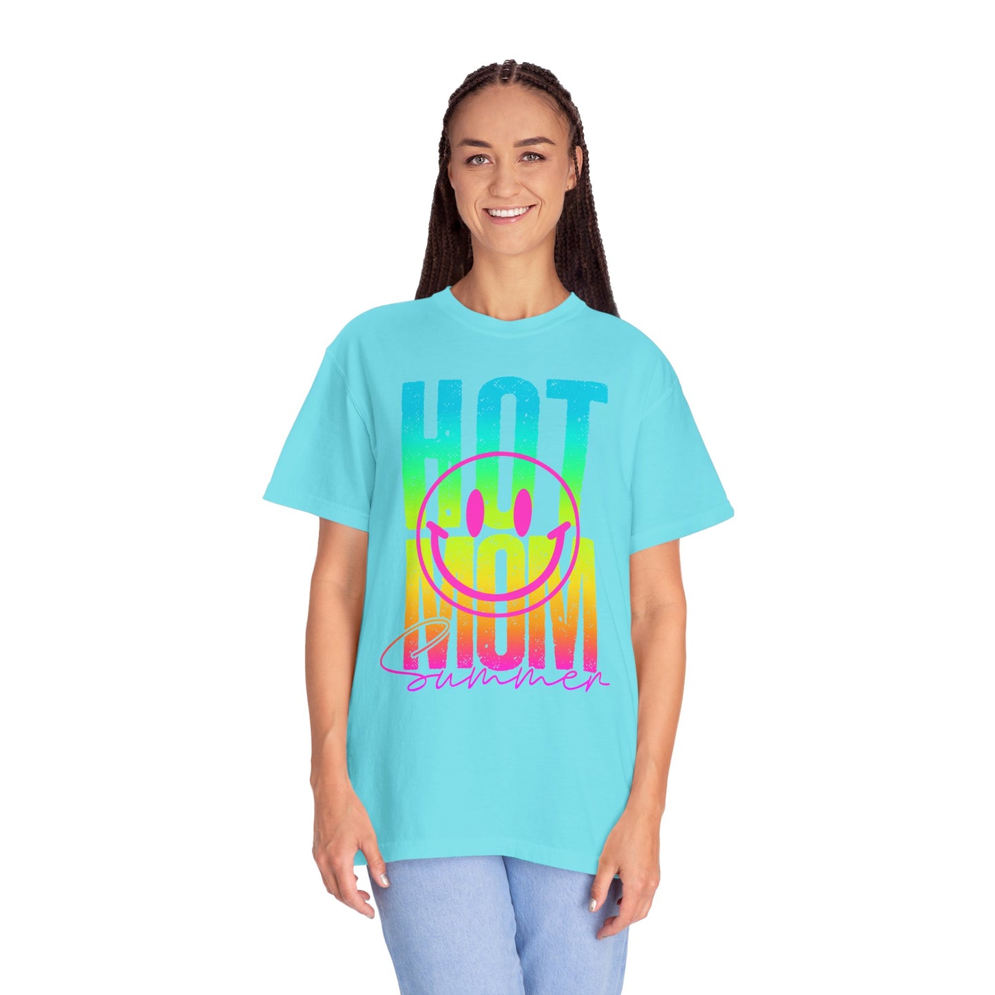 Neon Hot Mom Summer Unisex T-shirt, Neon Smile Face Shirt, Trendy Summer Tee, Cute Smiley Face Top, Casual Summer Apparel