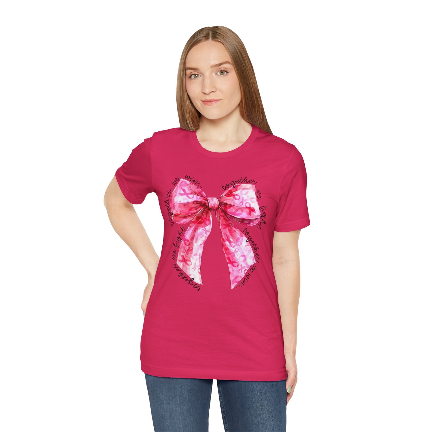 Pink Cancer Coquette Bow Tee, Breast Cancer Awareness Ribbon Shirt, Unisex Jersey Short Sleeve Top, Pink Ribbon T-shirt, Express Delivery available