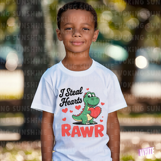 I Steal Hearts Kids Tee, Dinosaur Shirt, Cute Dino Children's T-Shirt, Heart Graphic Youth Top, Valentine's Shirt, RAWR shirt