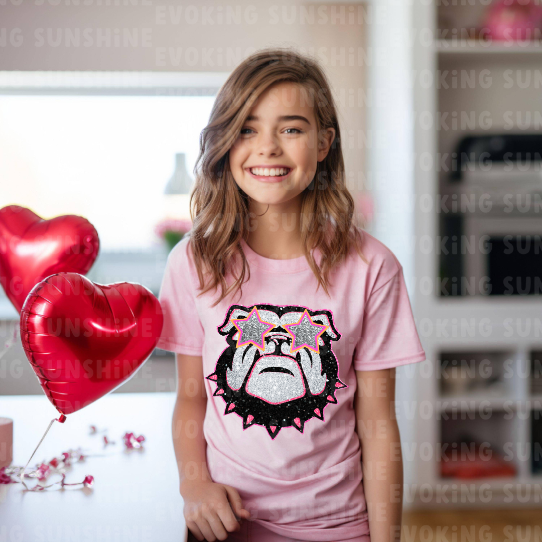 Bulldog Fan Kids Softstyle Tee, UGA Youth T-Shirt, Glitter Bulldog Shirt, Pink Sunglasses, Cute Bulldog Shirt, Bulldog Lover Gift, UGA Fan