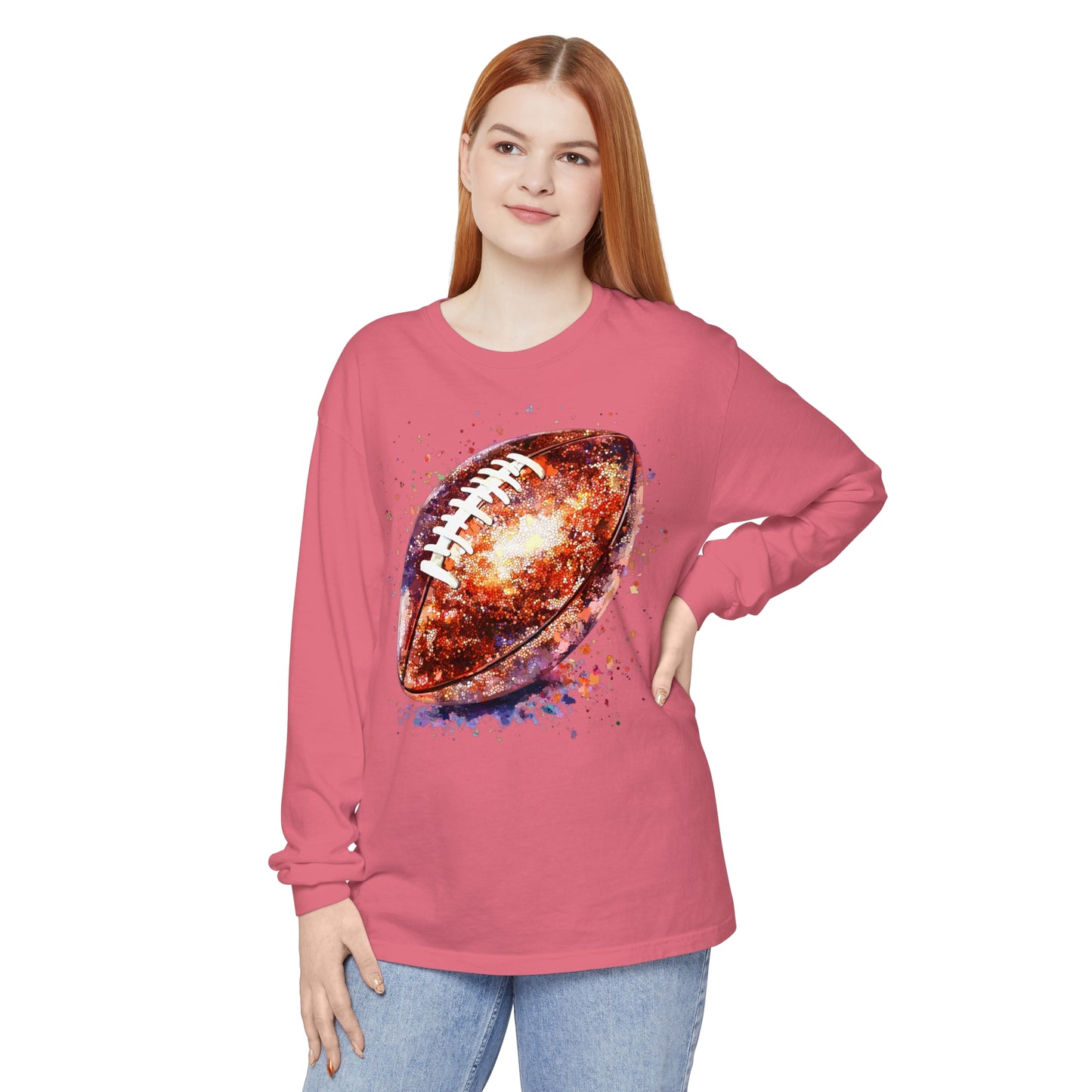Glitter Football Long Sleeve T-Shirt, Comfort Colors Shirt, Sparkly Sports Fan Apparel, Unisex Tee, Fall Game Day Outfit