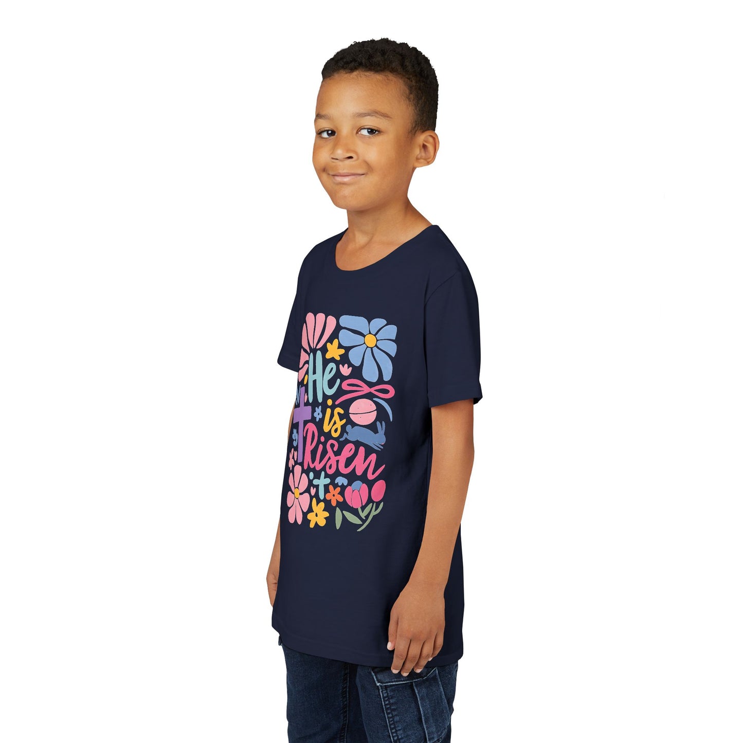 Youth Short Sleeve Tee - "He is Risen" Floral Design