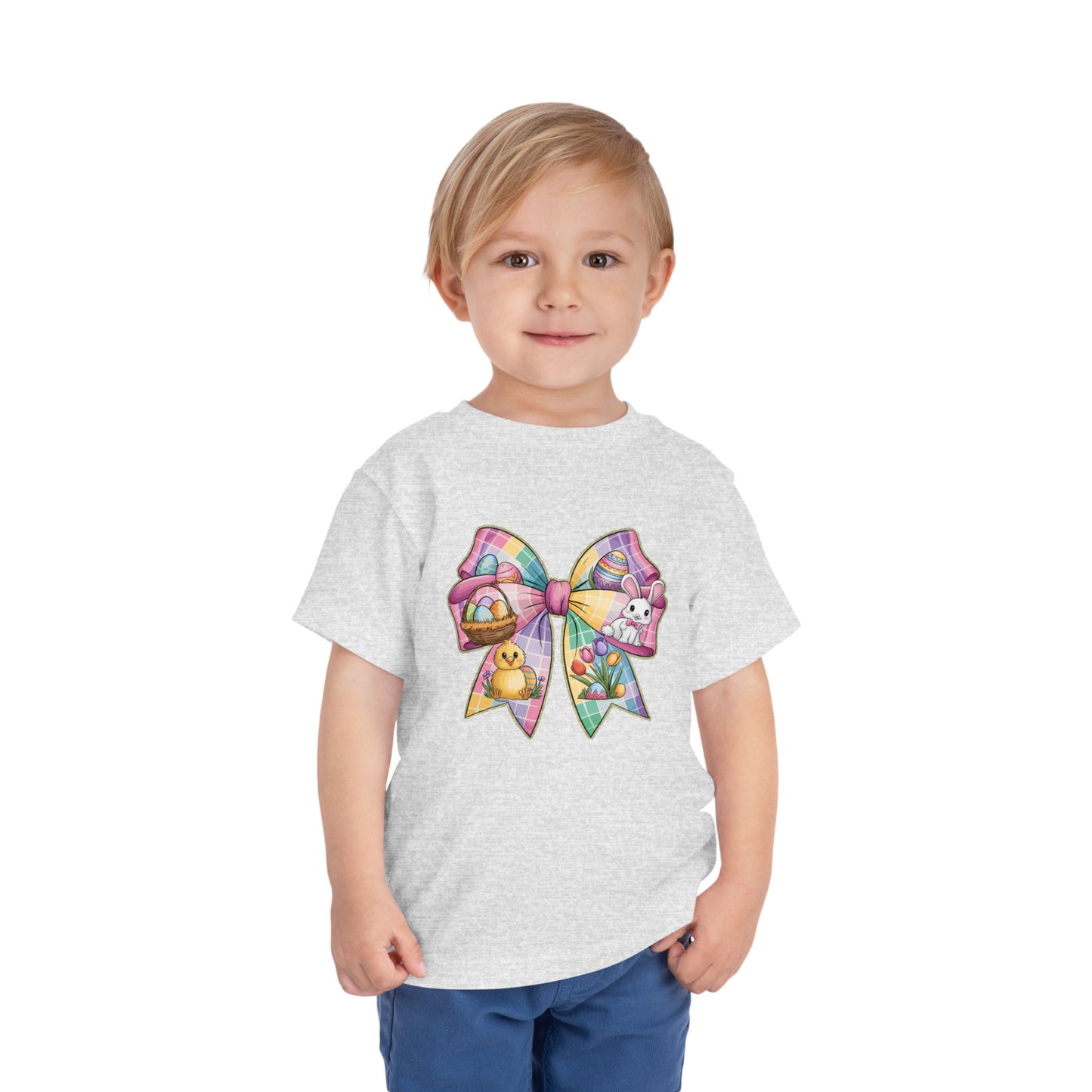 Easter Bunny Toddler Tee - Festive Short Sleeve Shirt with Colorful Bow Design