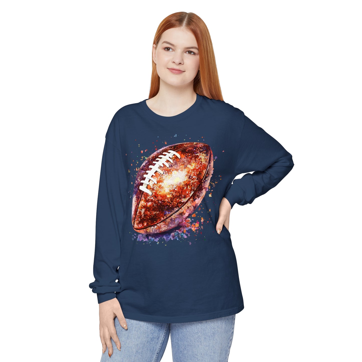 Glitter Football Long Sleeve T-Shirt, Comfort Colors Shirt, Sparkly Sports Fan Apparel, Unisex Tee, Fall Game Day Outfit