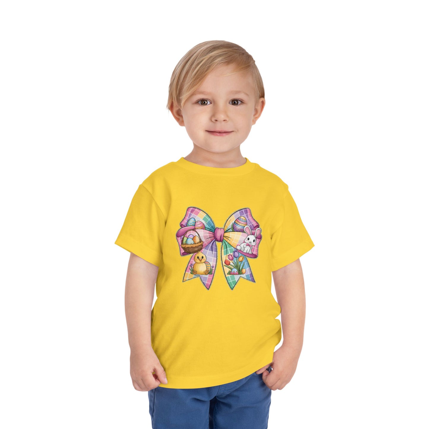 Easter Bunny Toddler Tee - Festive Short Sleeve Shirt with Colorful Bow Design
