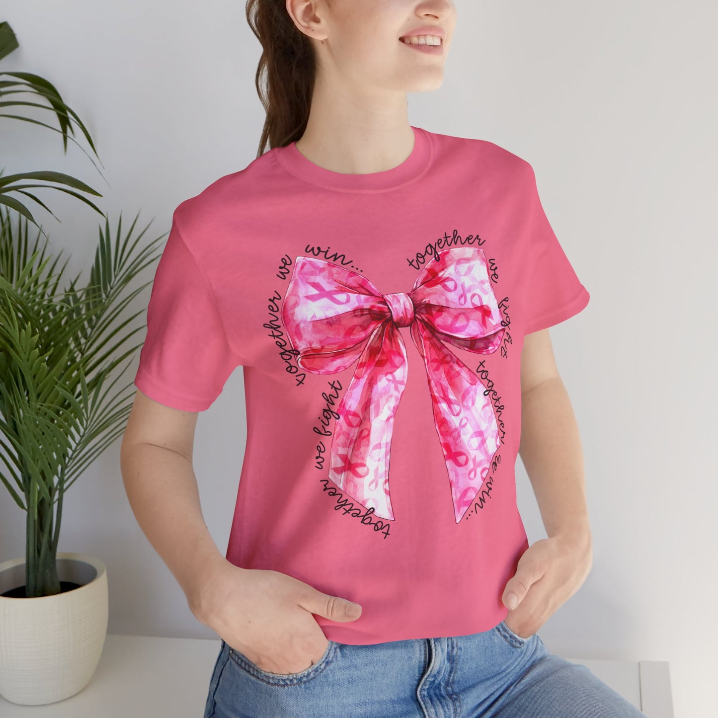 Pink Cancer Coquette Bow Tee, Breast Cancer Awareness Ribbon Shirt, Unisex Jersey Short Sleeve Top, Pink Ribbon T-shirt, Express Delivery available