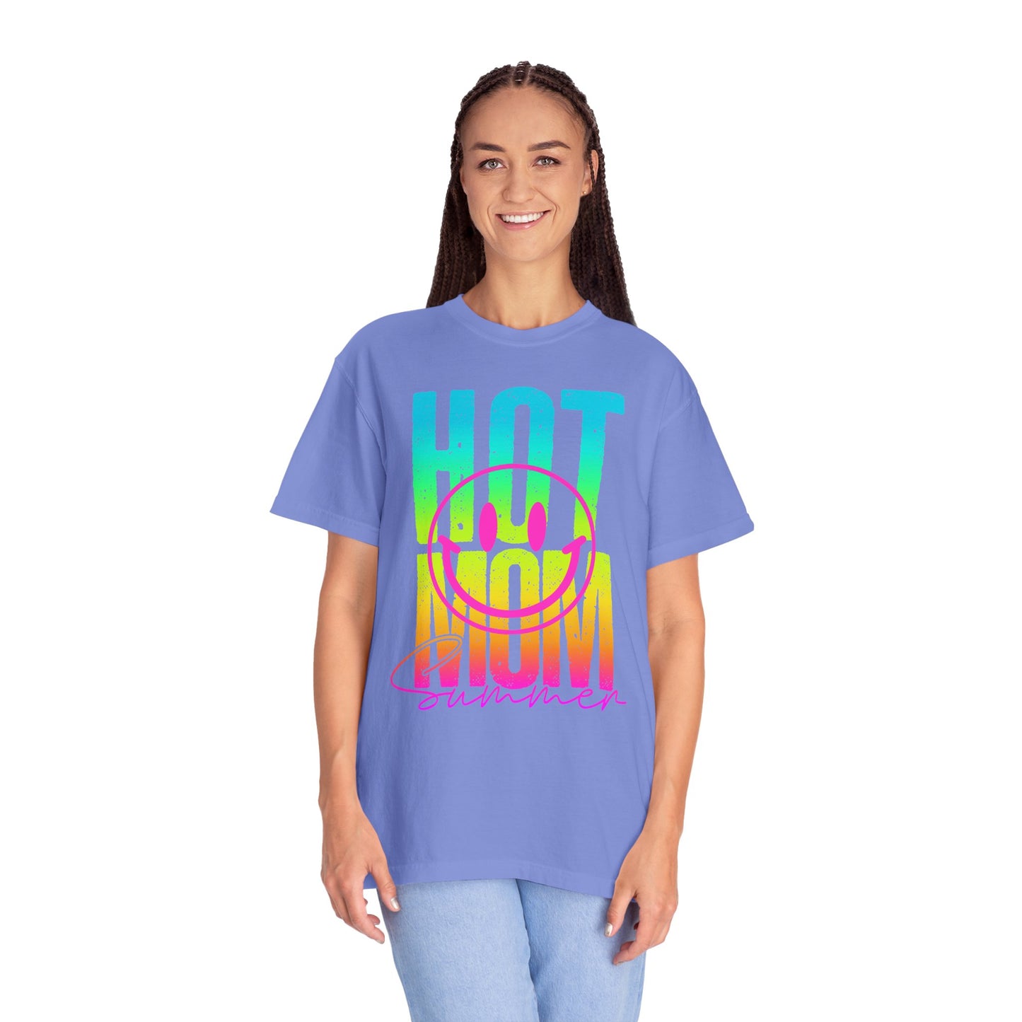 Neon Hot Mom Summer Unisex T-shirt, Neon Smile Face Shirt, Trendy Summer Tee, Cute Smiley Face Top, Casual Summer Apparel