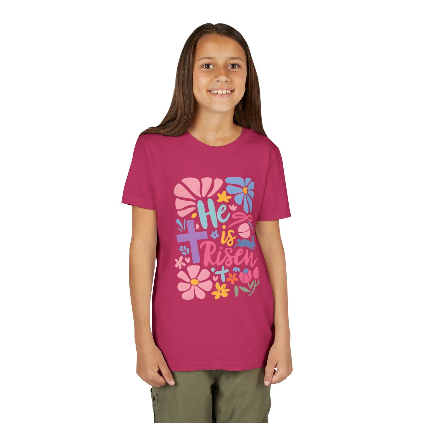Youth Short Sleeve Tee - "He is Risen" Floral Design