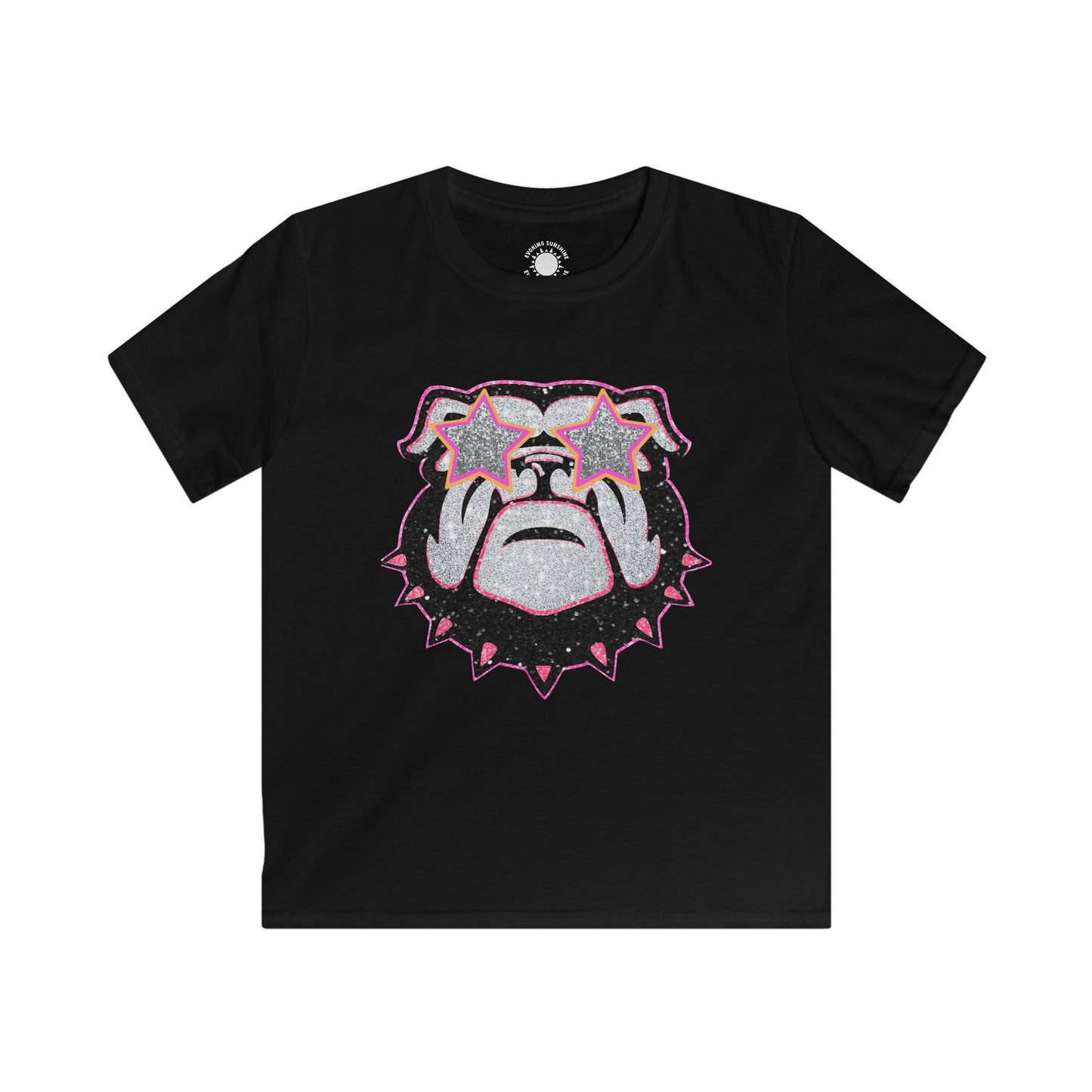Bulldog Fan Kids Softstyle Tee, UGA Youth T-Shirt, Glitter Bulldog Shirt, Pink Sunglasses, Cute Bulldog Shirt, Bulldog Lover Gift, UGA Fan