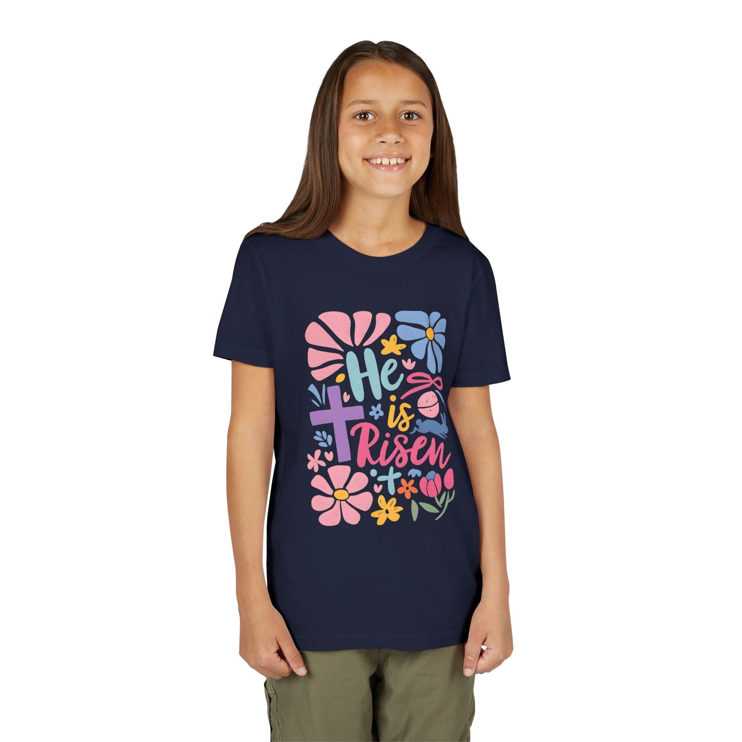 Youth Short Sleeve Tee - "He is Risen" Floral Design
