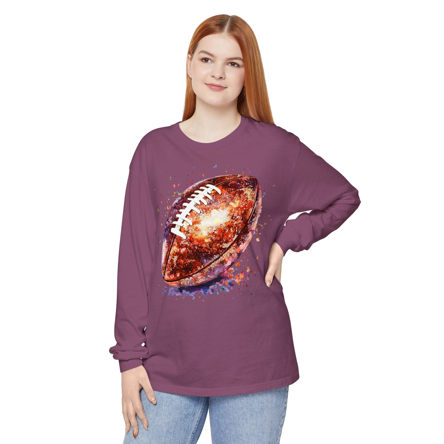 Glitter Football Long Sleeve T-Shirt, Comfort Colors Shirt, Sparkly Sports Fan Apparel, Unisex Tee, Fall Game Day Outfit
