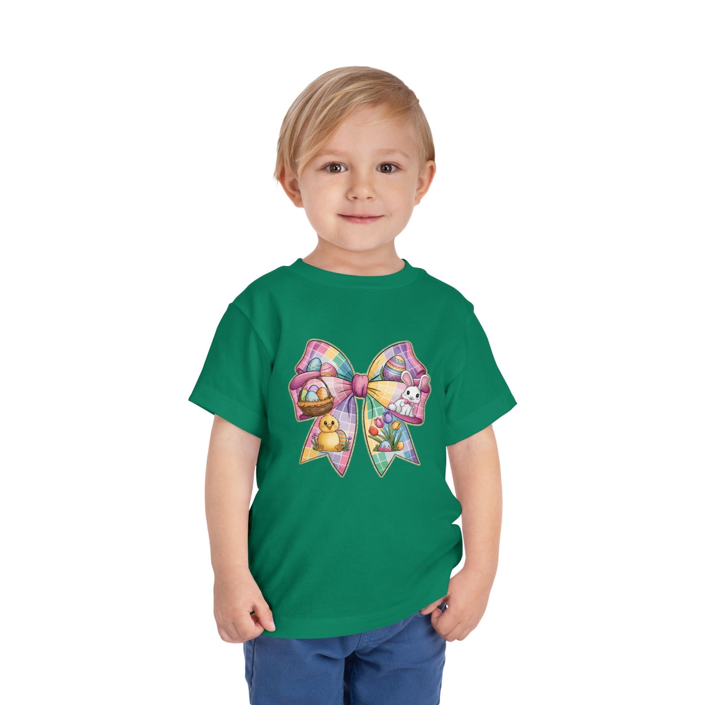 Easter Bunny Toddler Tee - Festive Short Sleeve Shirt with Colorful Bow Design
