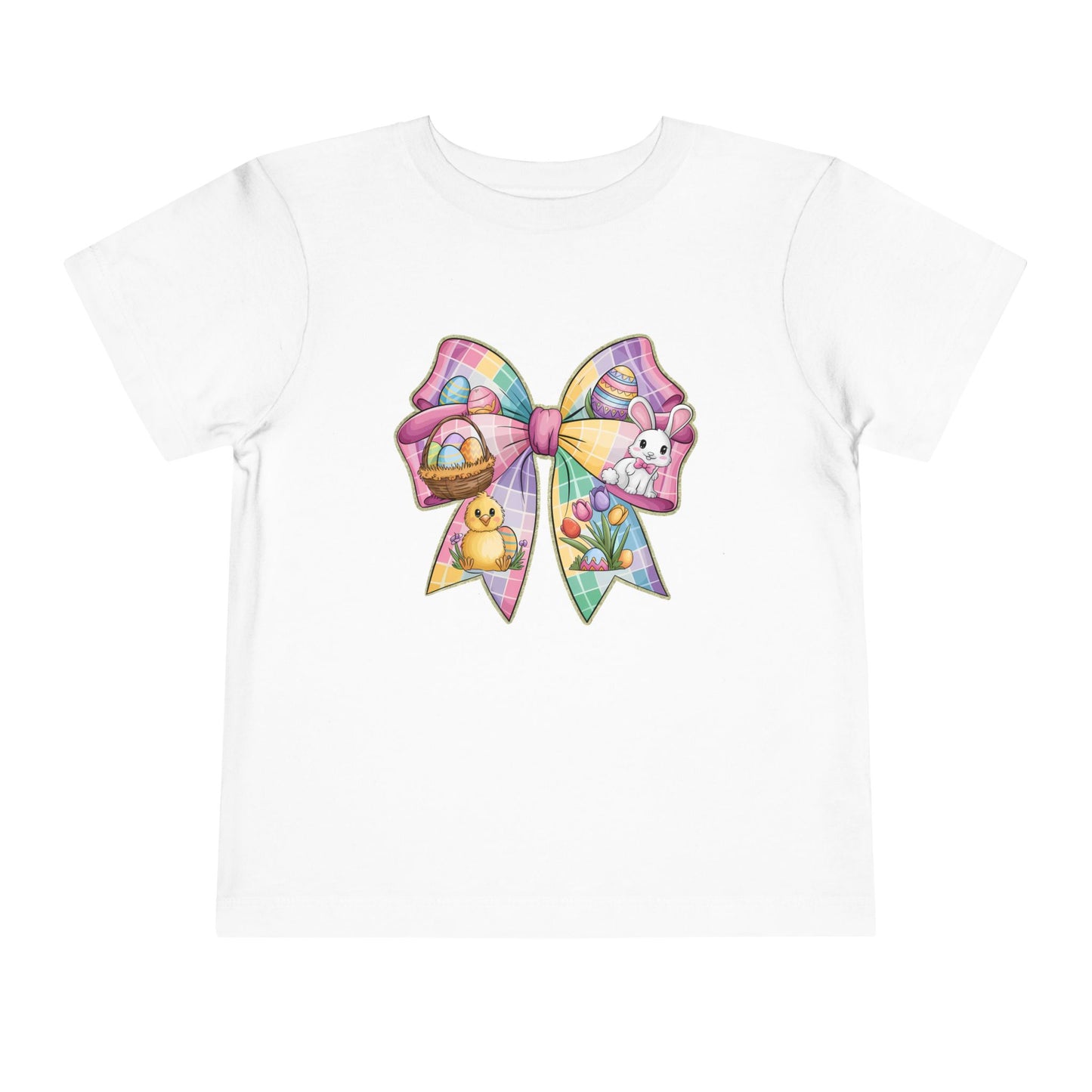 Easter Bunny Toddler Tee - Festive Short Sleeve Shirt with Colorful Bow Design