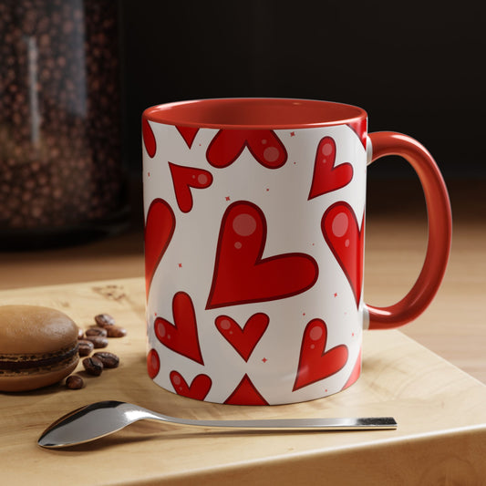 Red Hearts Accent Mug, Coffee Cup with Big Red Hearts, White Background, Red Handle and Inside, Valentine's Day Gift, Love Mug, Romantic